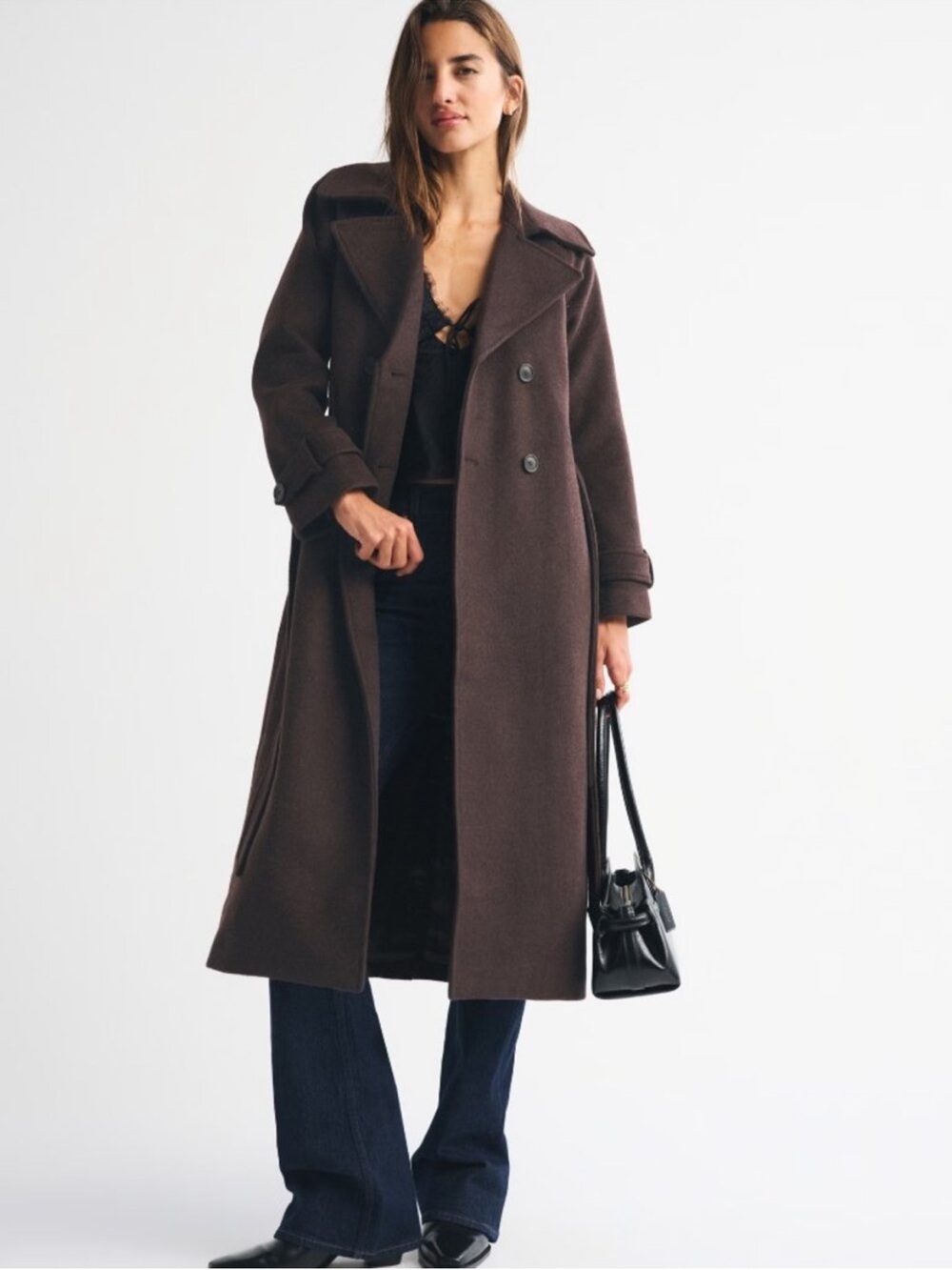 Long dark Brown Double-Breasted Wool blend Coat